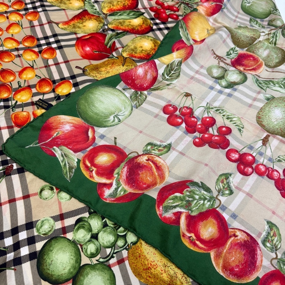 Burberry Vintage Novacheck Plaid Fruit Print Silk Scarf - Picture 8 of 8